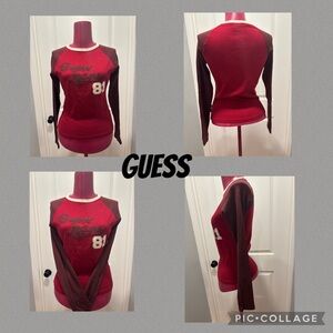Guess Women's red and maroon long sleeve baseball Tee vintage Y2K Medium